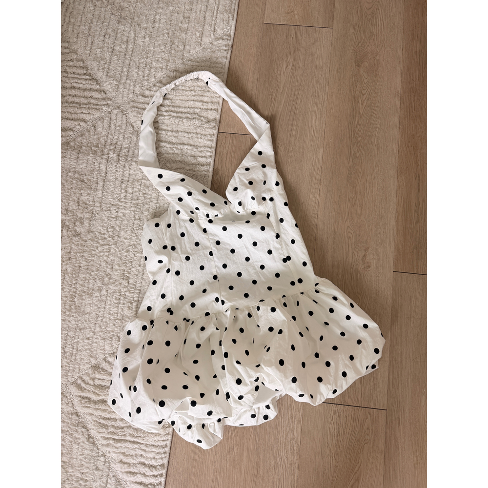 Peppermayo Endless romance off the shoulder White and Black Polka Dot Mini Dress - Picture 2 of 6